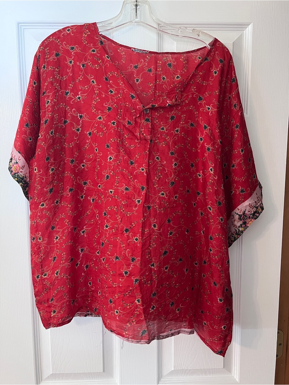 100% Silk - Made in India. Red Floral V-Neck Women's Top